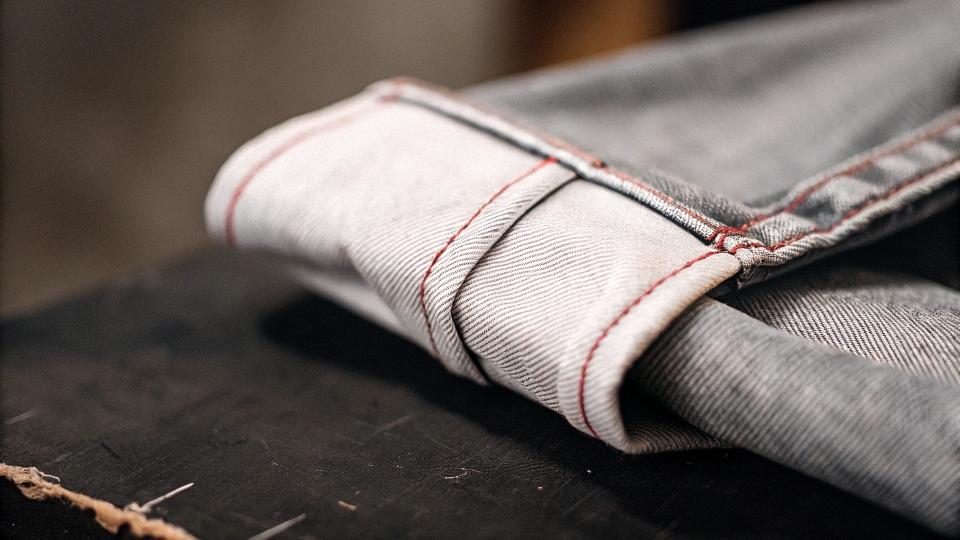 A close-up shot showing the iconic selvedge ID line on an upturned jean cuff.