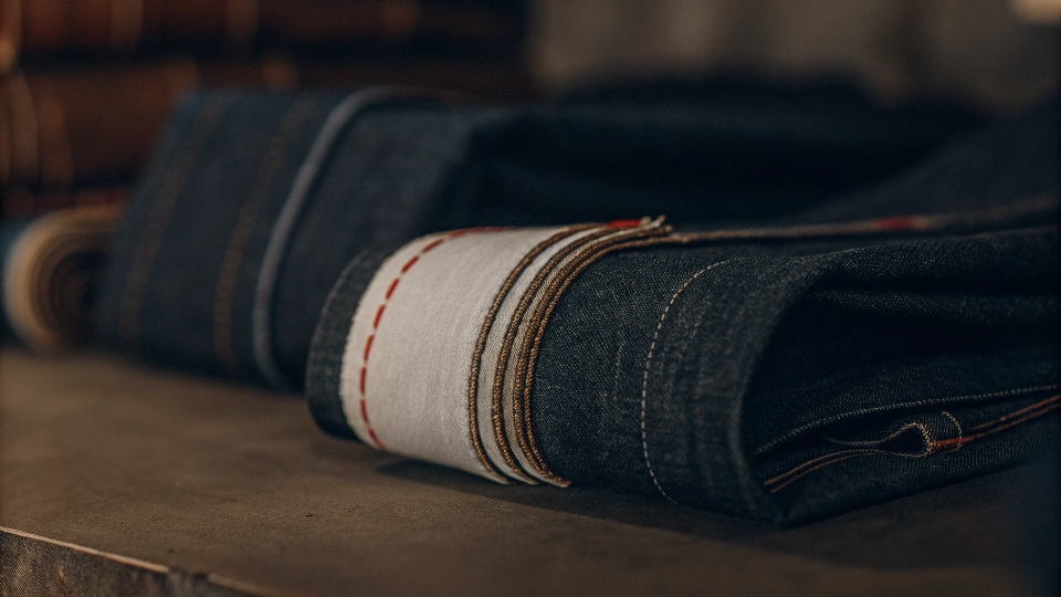 A rolled-up jean cuff clearly showing the iconic selvedge ID line, the white and red stitched edge.