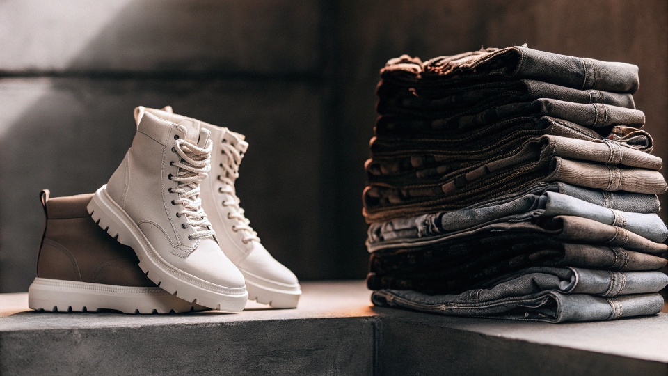 A split image showing stacked jeans looking good with low-top sneakers and looking messy with bulky high-top boots.