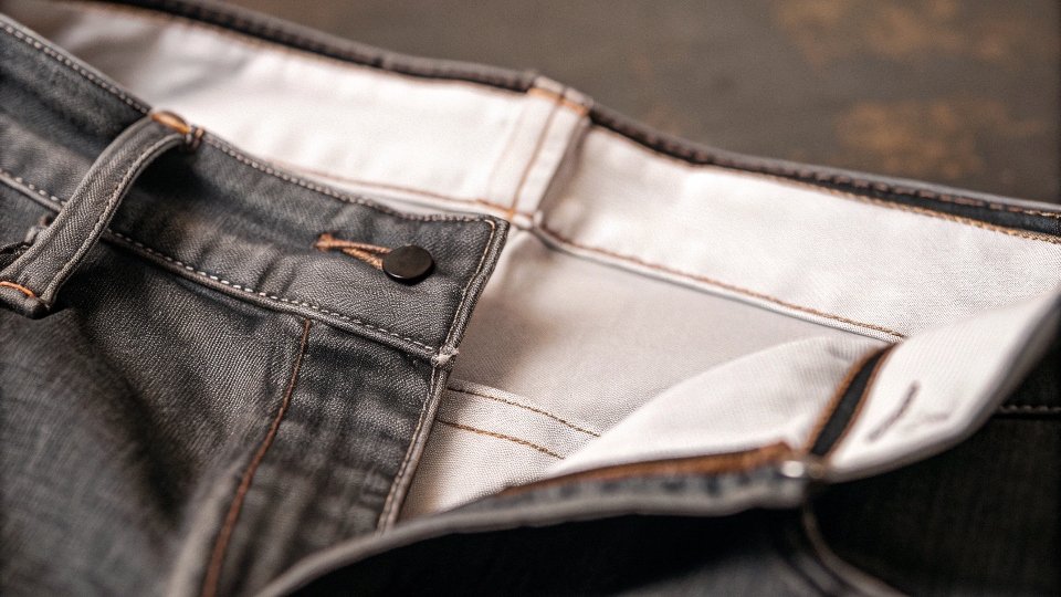 A close-up of the inside of a jean's waistband, showing a piece of elastic sewn in to cinch the waist.