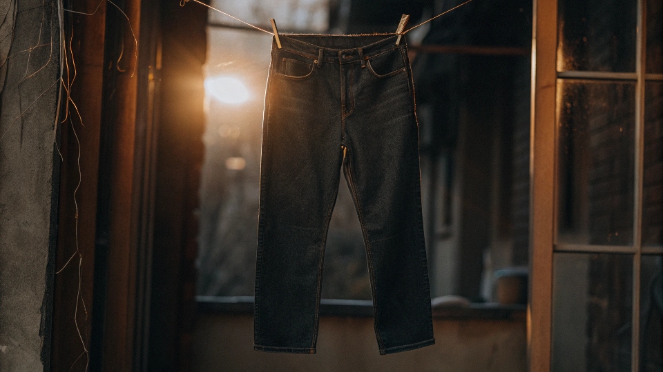 A pair of black jeans hanging on a clothesline to air dry, with the sun in the background.