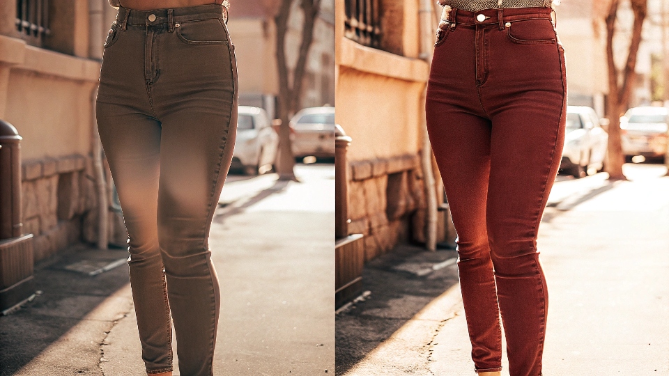 A before-and-after image showing a pair of high-waisted jeans on the left and the same pair altered to a stylish low-rise on the right.