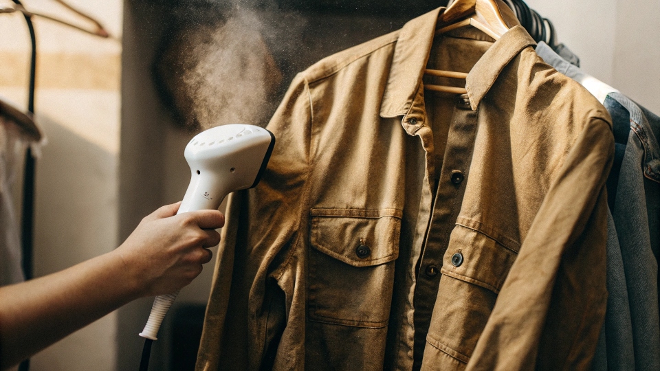 a well-maintained jeans jacket hanging neatly