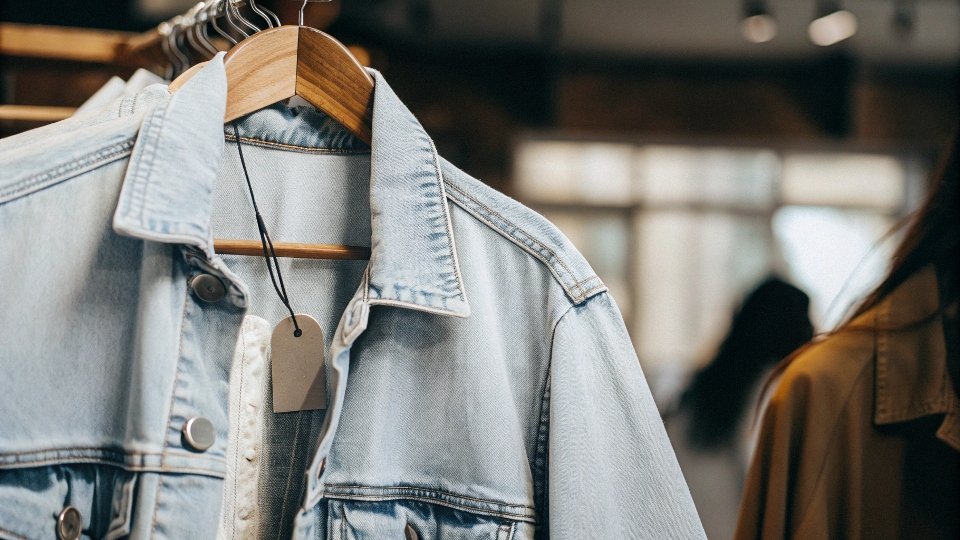 A price tag hanging from a denim jacket at a tailor shop.
