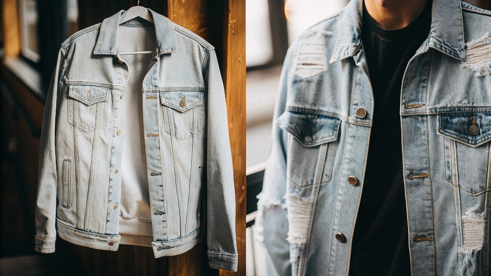 A split-screen image showing a vintage 1980s denim jacket next to a modern oversized denim jacket.