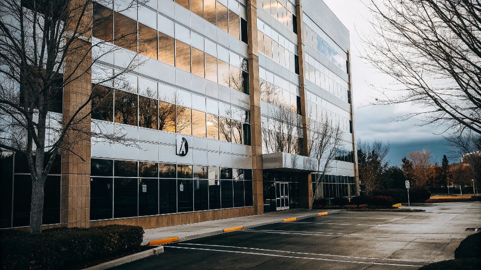 A corporate building with a sign for a brand licensing company like Apex Global Brands.