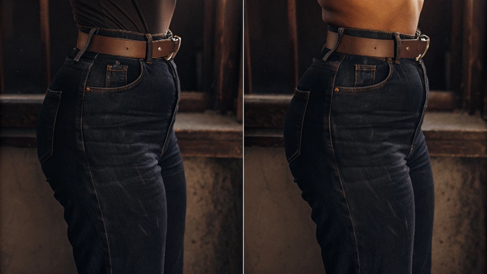 A before-and-after image showing a person in straight-leg jeans versus wearing an oversized pair cinched with a belt.