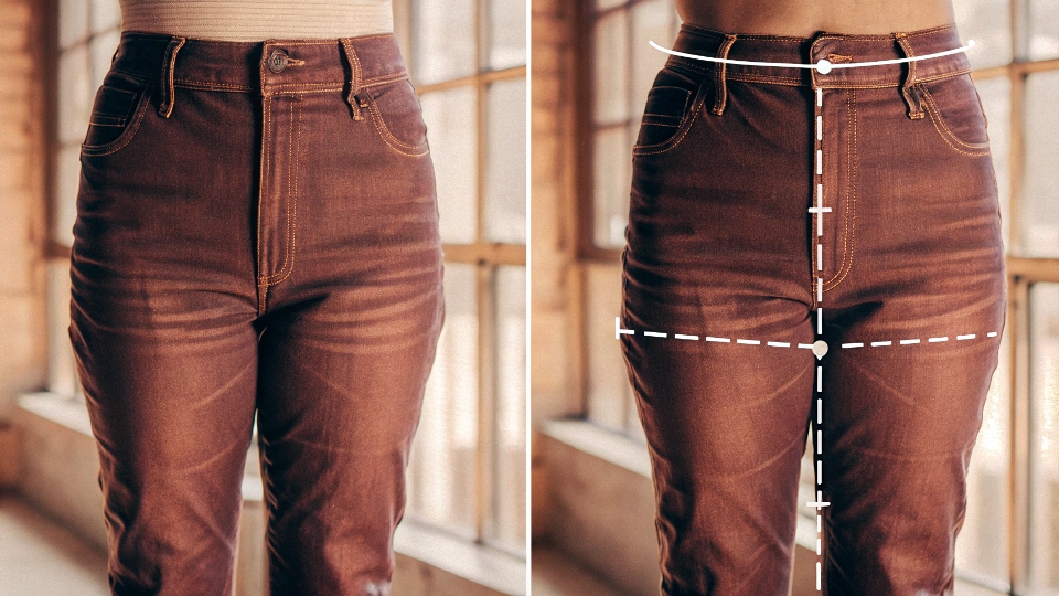 A clear diagram illustrating how to measure the front rise on a pair of jeans, from the center crotch seam to the top of the waistband.