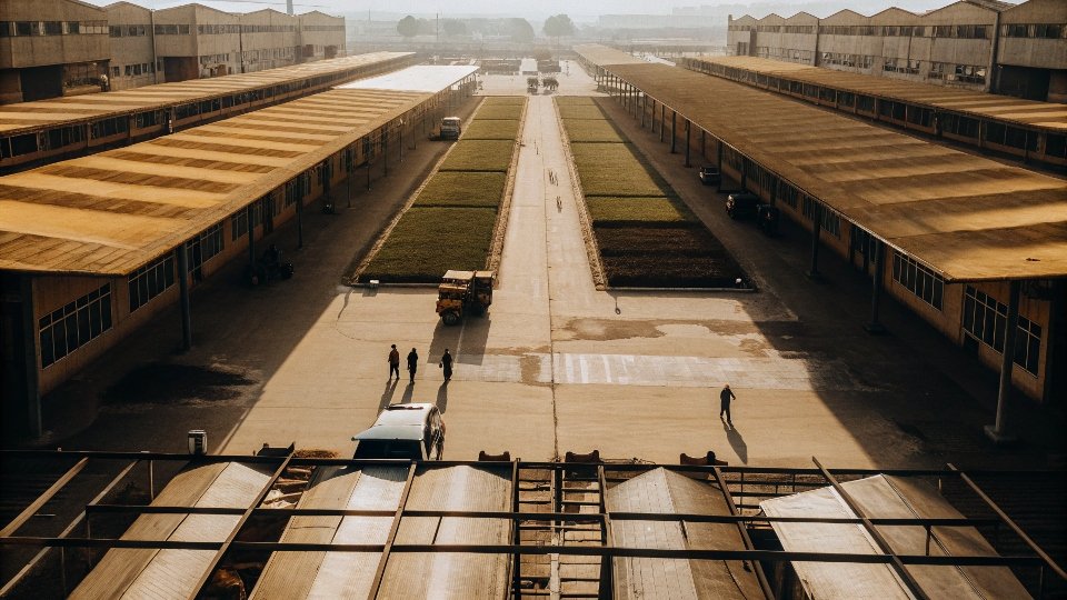 An aerial view of a massive textile manufacturing industrial park in China.