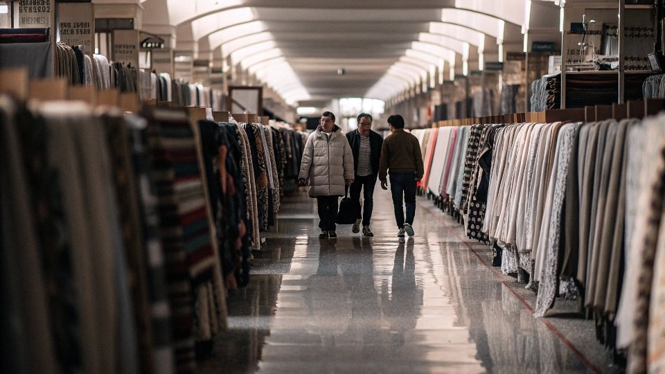 A busy aisle inside the massive China Textile City in Keqiao