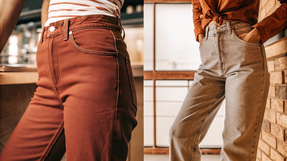 A timeline graphic showing two pairs of jeans, one high-quality pair lasting for years, and one fast-fashion pair lasting for months.