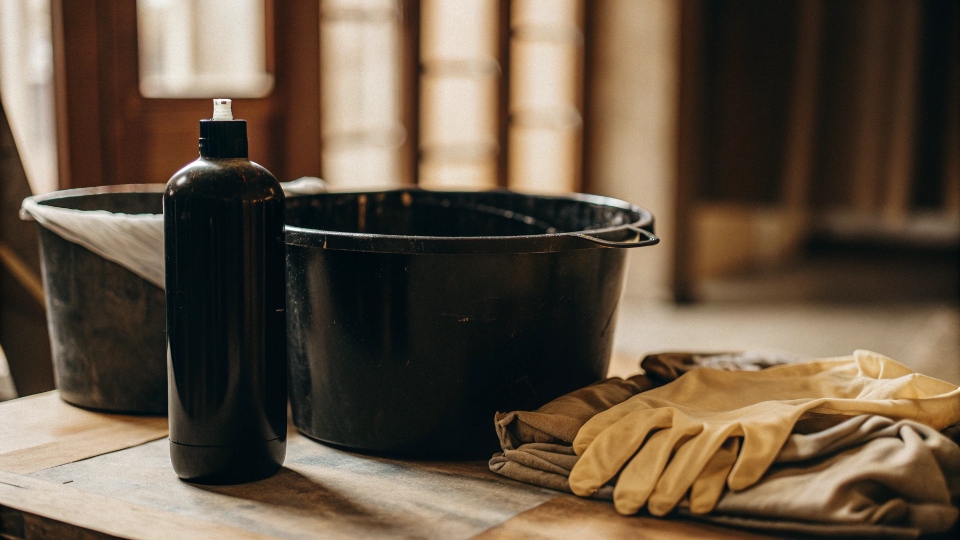 A home dyeing kit with a bottle of black RIT dye, rubber gloves, and a large bucket.
