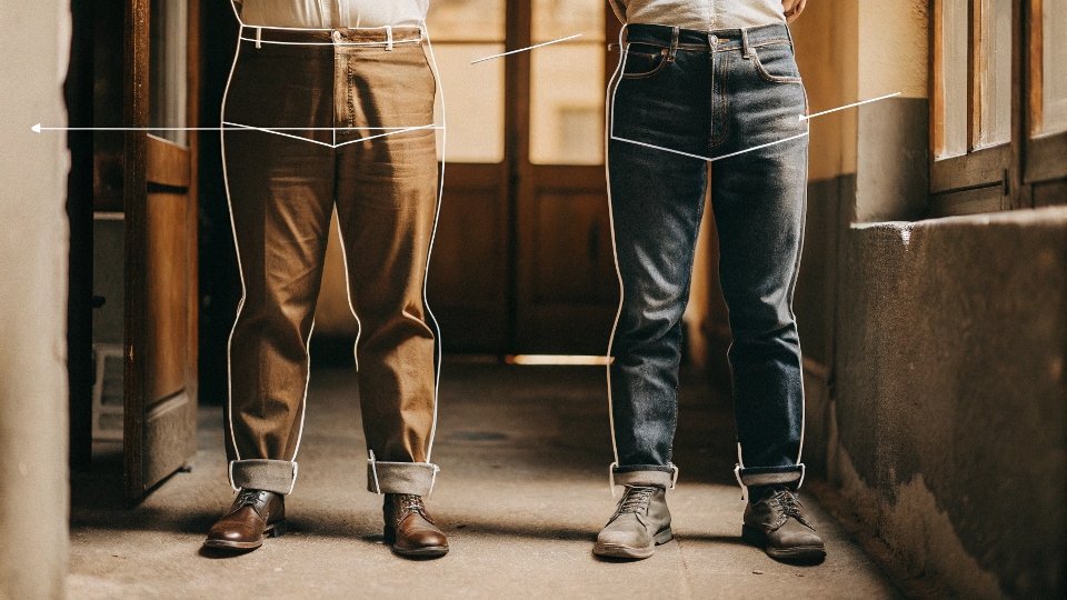 A diagram showing the key fit points for men's baggy jeans: fitted waist, roomy thigh, and a clean hem break.