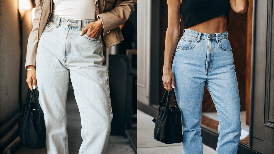 A side-by-side comparison of a woman in slouchy boyfriend jeans and another in more fitted girlfriend jeans.