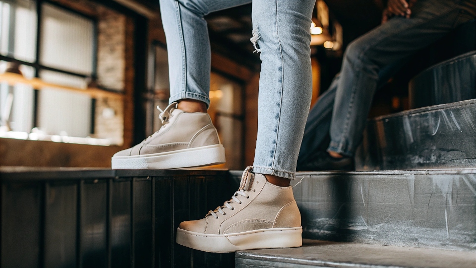 A stylish person wearing stacked jeans with fashionable high-top sneakers, demonstrating how the jeans highlight the footwear.