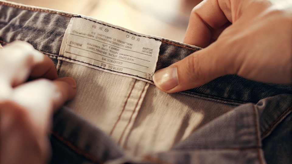 A person closely inspecting the manufacturing label inside a pair of jeans.