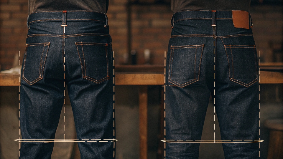 A clear diagram showing a pair of jeans with a dotted line cutting horizontally just below the back pockets and crotch.