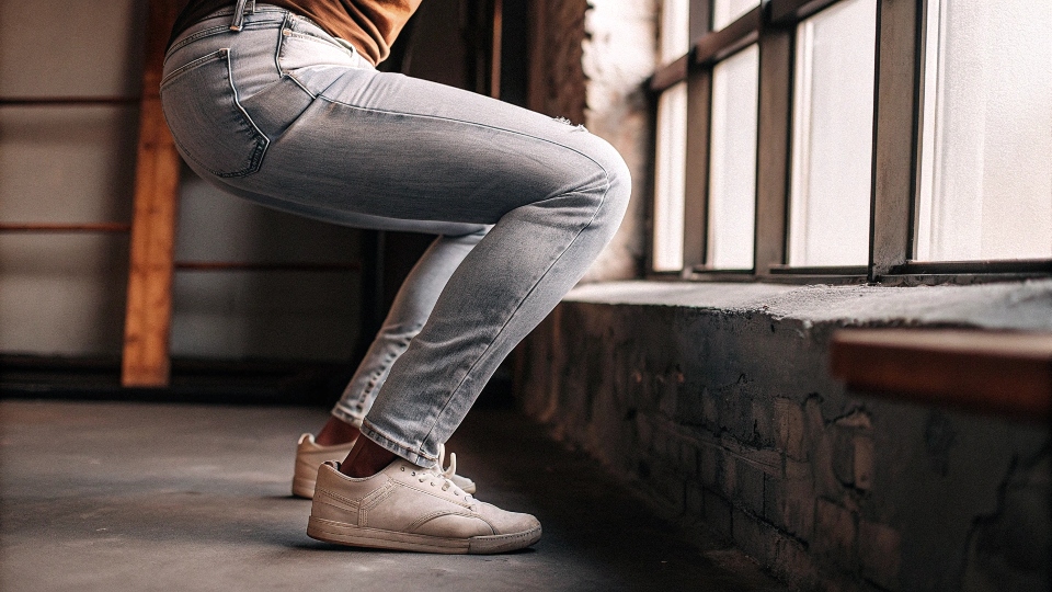 A person easily squatting and moving in a pair of slim-fit stretch jeans, showing their flexibility.