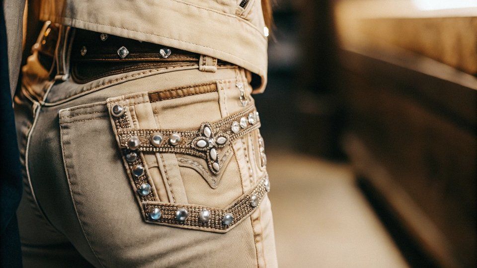 A close-up of a Miss Me jean pocket, highlighting the thick thread, crystal rivets, and layered fabric.