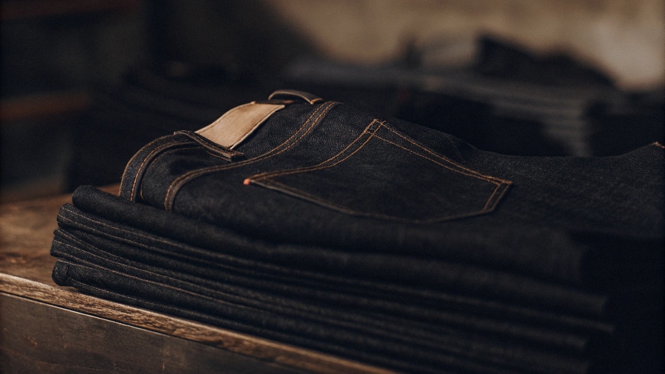 A pair of crisp, raw selvedge denim jeans folded neatly, showing the iconic selvedge ID on the outseam.