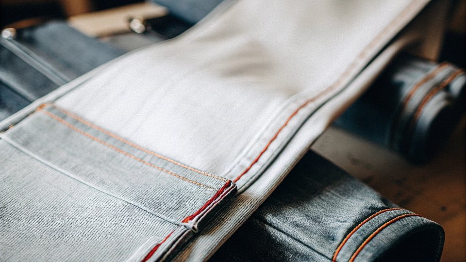 A close-up shot of high-quality [Japanese selvedge denim](https://diznewjeans.com/why-do-japanese-people-love-denim-jeans/)[^5] fabric, showing the red stitching