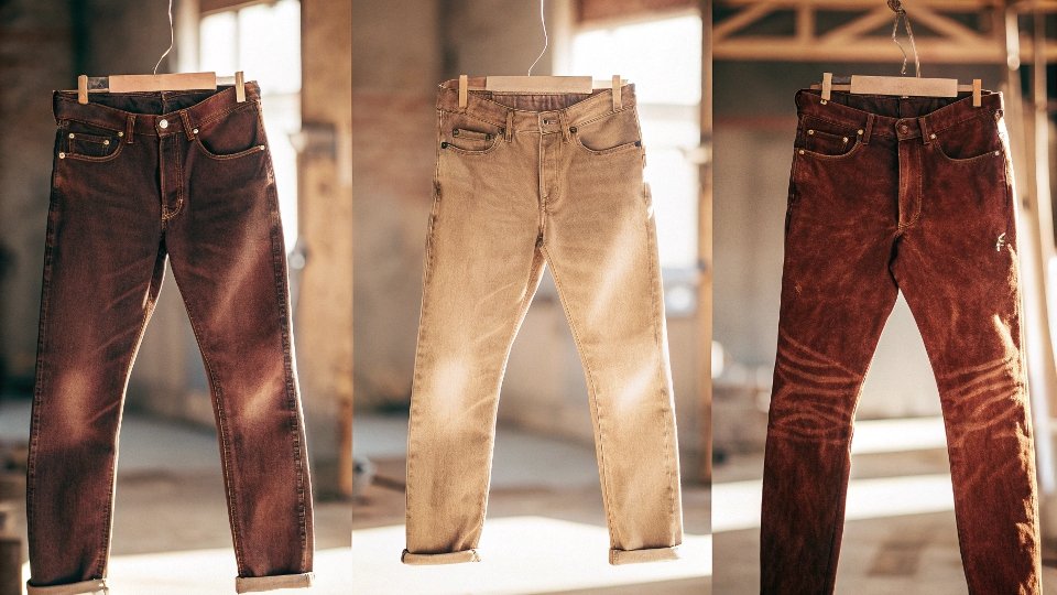A side-by-side comparison of three distinct pairs of high-quality jeans from different brands.