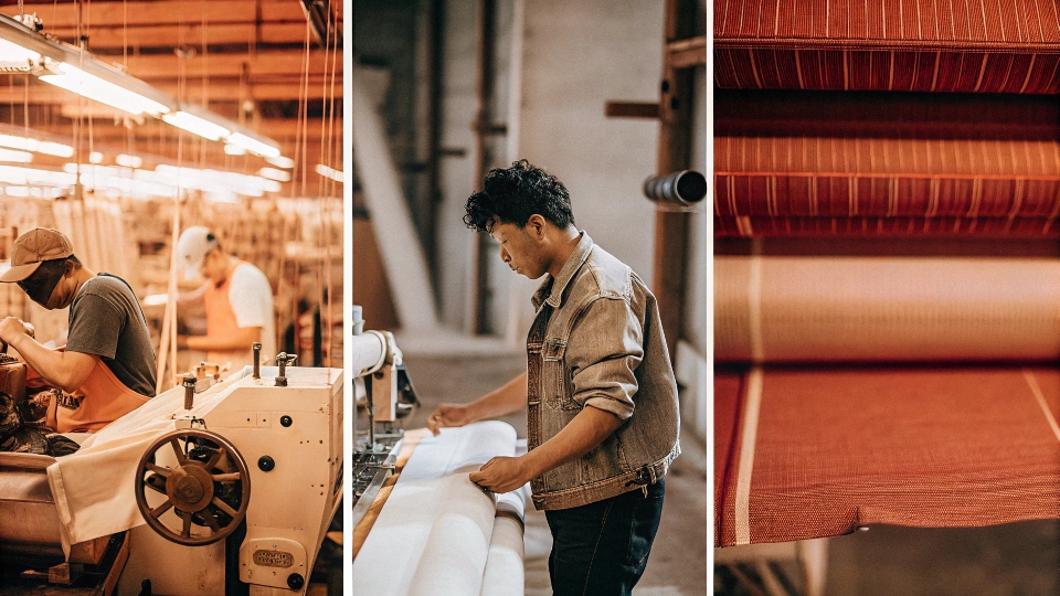 A split image showing a factory in China, a loom in Japan, and a designer in LA