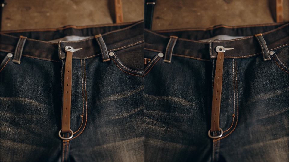 A comparison image showing two identical jean tags, one reading "32/30" and the other "30x32", with arrows pointing to waist and length.