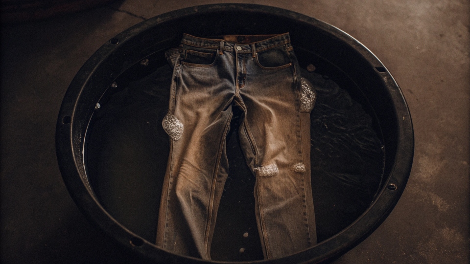 A pair of blue jeans soaking in a large white bucket of water and bleach solution.