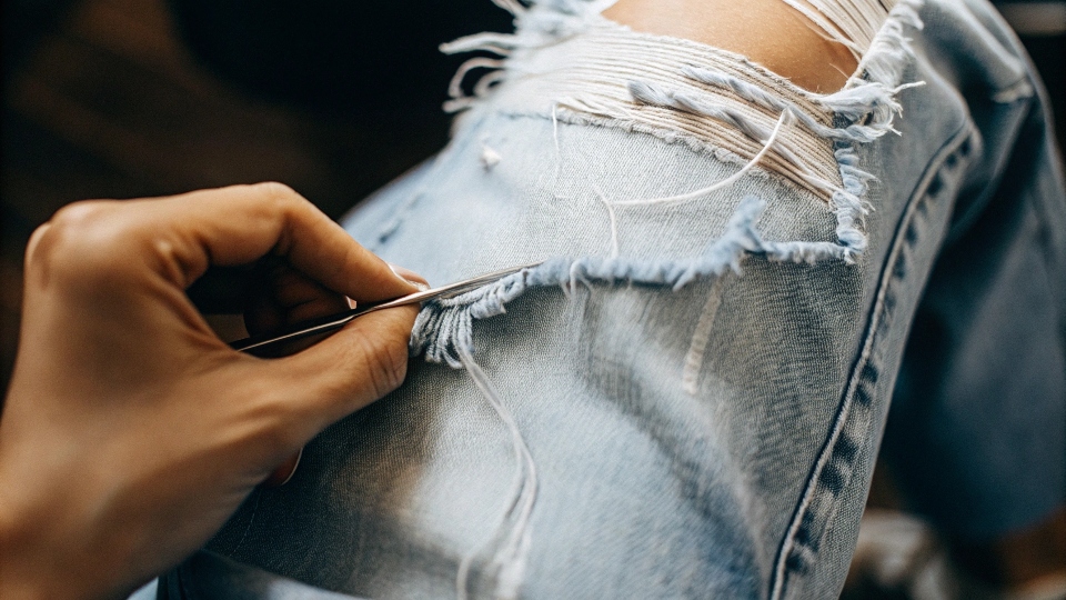 A close-up shot of someone using tweezers to pull blue threads from a hole in jeans, leaving the white ones behind.