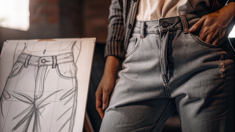 A detailed and realistic pencil sketch of someone wearing baggy jeans, highlighting the folds and wrinkles.