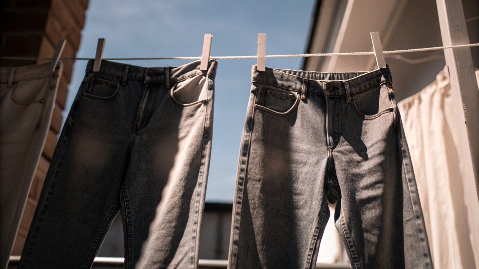 Jeans hanging on a clothesline in bright sunlight, looking perfectly faded.