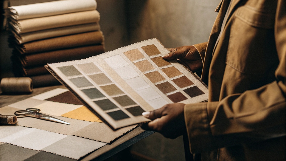 A designer carefully comparing a fabric swatch to a technical color card.