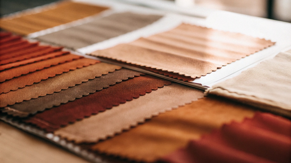 A close-up shot of various denim fabric swatches laid out on a table for inspection.