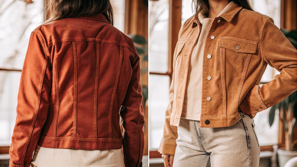 A before and after comparison of a boxy denim jacket and one with added back darts for shape.