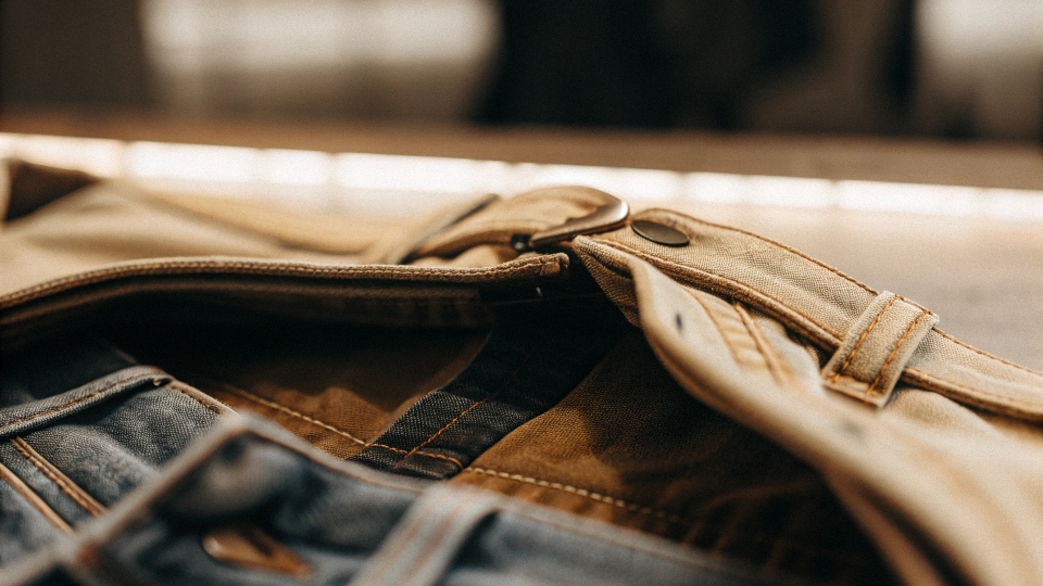The inside of a jean waistband showing a piece of elastic threaded through it.