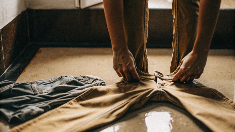 A person stretching the waistband of a pair of damp jeans on the floor.