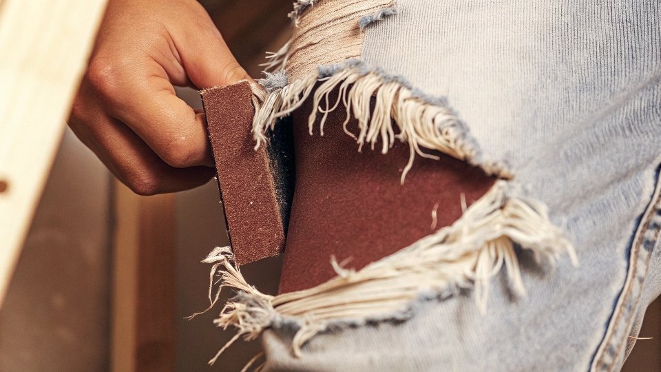 A close-up of sandpaper being rubbed against the raw edge of a jean short to create a frayed effect.
