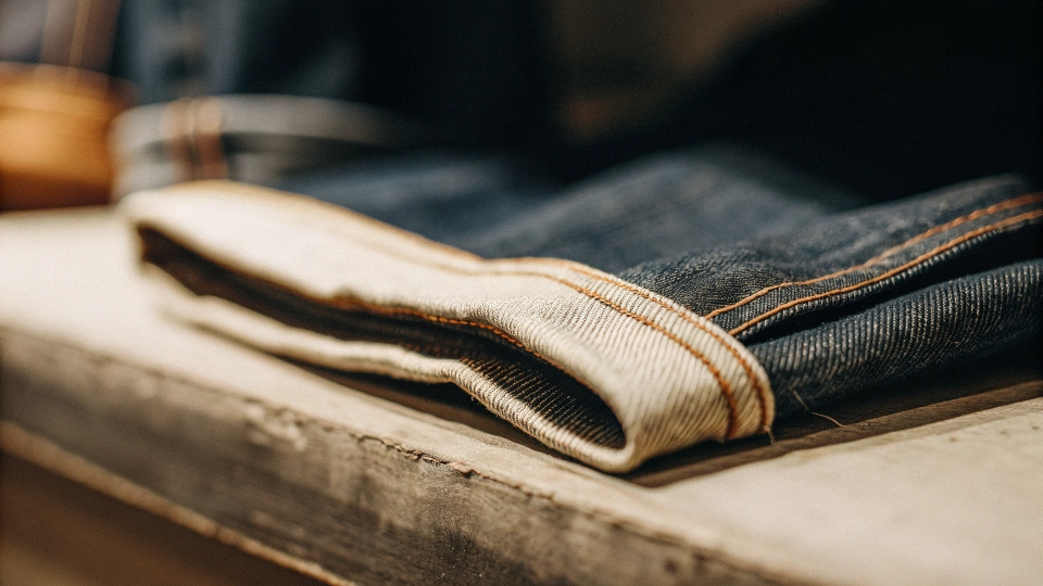 A close-up of a stylish raw denim hem with a clean line of stitching to prevent further fraying.
