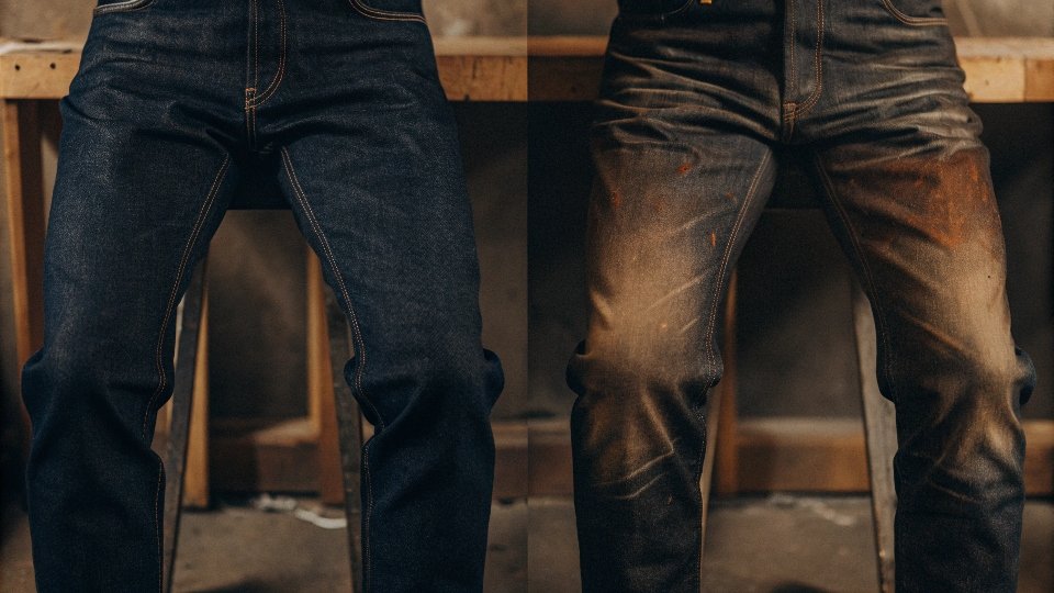 A side-by-side view of a dark new jean next to one that has been artificially aged and distressed.