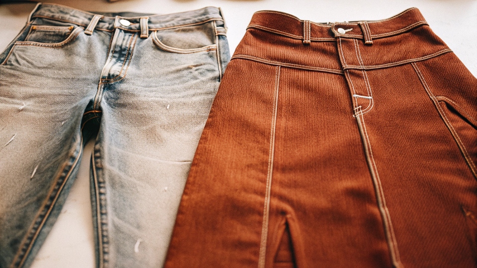 A pair of old blue jeans placed next to a freshly made denim skirt.