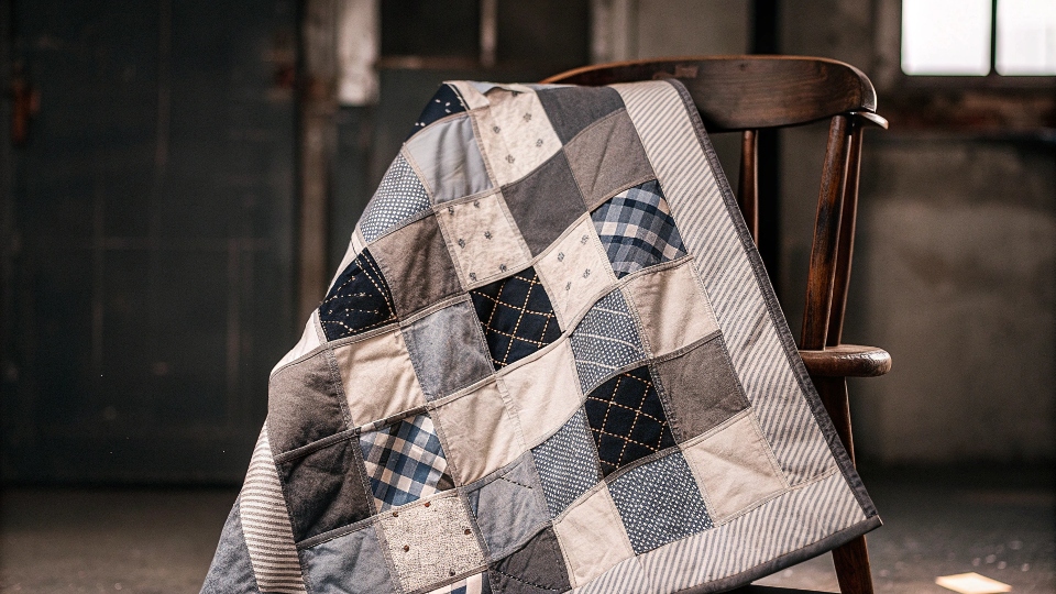 A beautiful, finished denim quilt with squares of various blue shades draped over a rustic wooden chair.