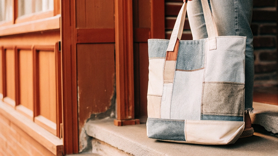 Old pair of jeans being transformed into a stylish denim tote bag.