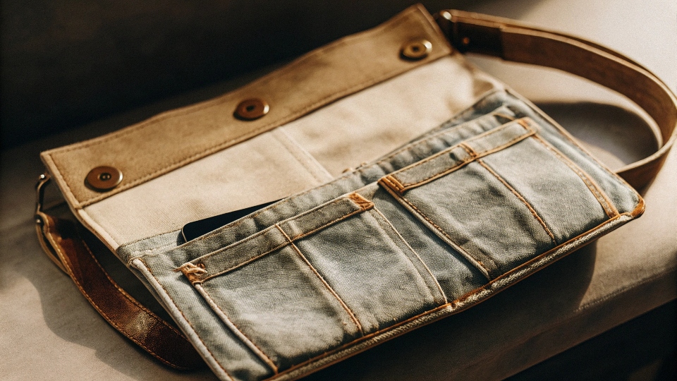 A chic and simple denim purse made from the top part of a pair of old jeans, complete with its original pockets and button fly.