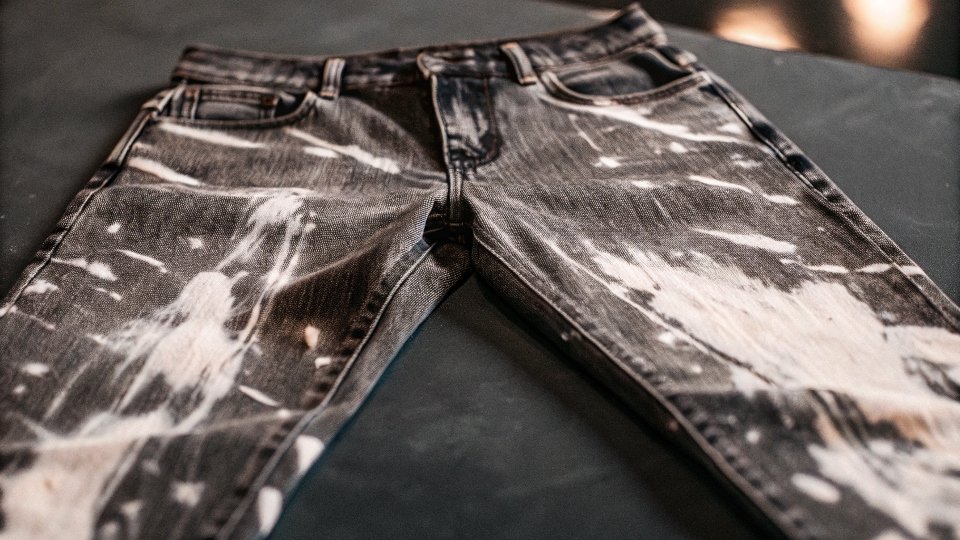 A cool pair of freshly made DIY acid wash jeans laying flat, showing a high-contrast marbled pattern.