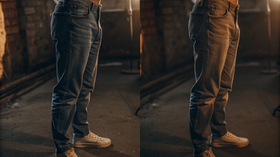 A before-and-after shot showing a person in overly baggy jeans on the left and sleeker, well-fitting jeans on the right.