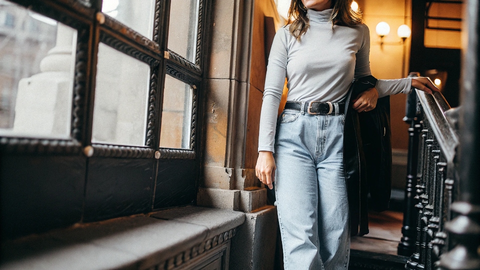 A stylish outfit contrasting baggy jeans with a sleek, fitted turtleneck top.