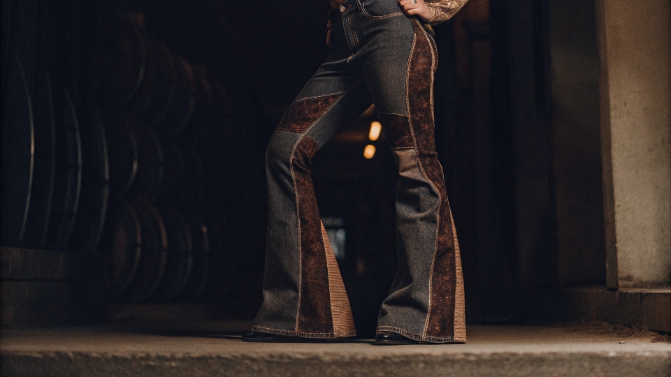 A cool, stylish person confidently wearing a pair of custom-made bell bottom jeans with unique fabric inserts.