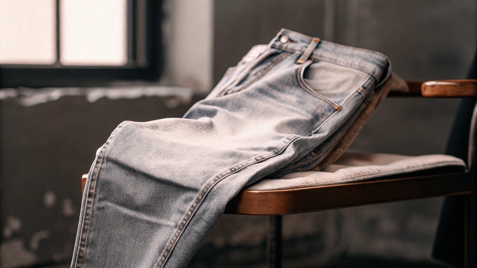 A pair of perfectly soft, faded blue jeans draped over a chair.