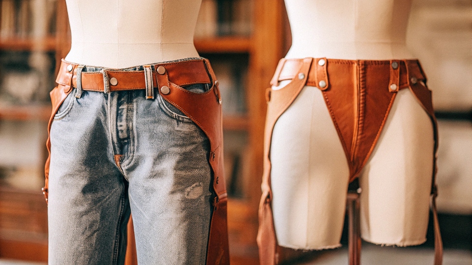 A pair of stylish DIY chaps made from old blue jeans, displayed on a mannequin.
